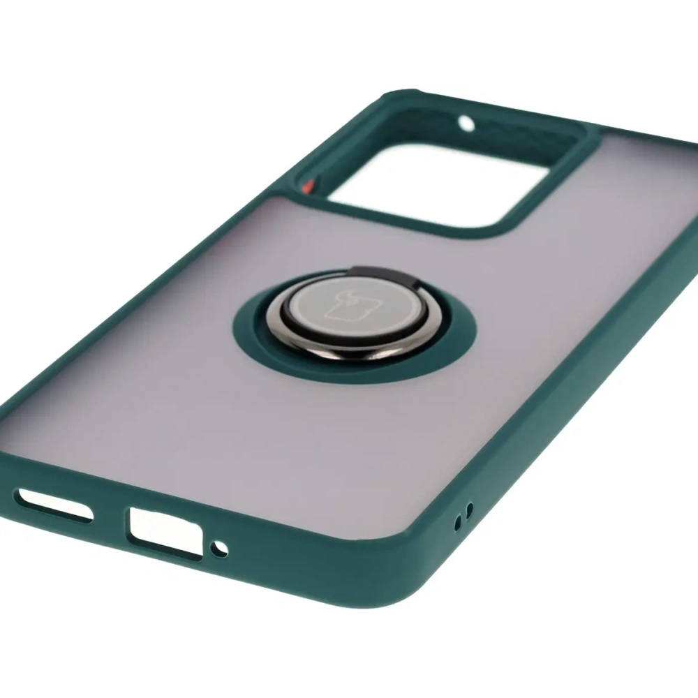 Etui z uchwytem na palec Bizon Case Hybrid Ring do Realme 14 5G / 14T 5G przydymione z ciemnozieloną ramką
