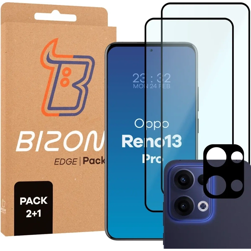 2x szkło na ekran + 1x szkło na aparat Bizon Edge 2 Pack do Oppo Reno13