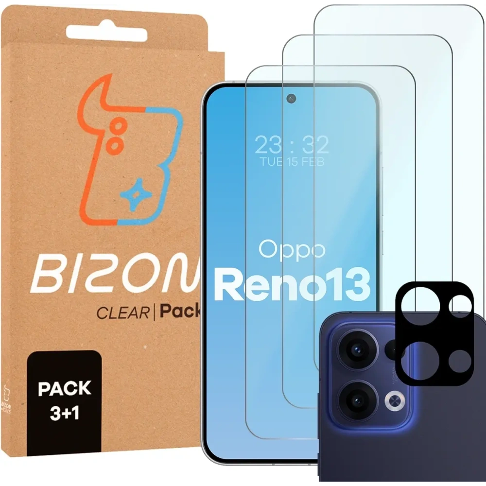 3x szkło na ekran + 1x szkło na aparat Bizon Glass Clear 2 Pack do Oppo Reno13