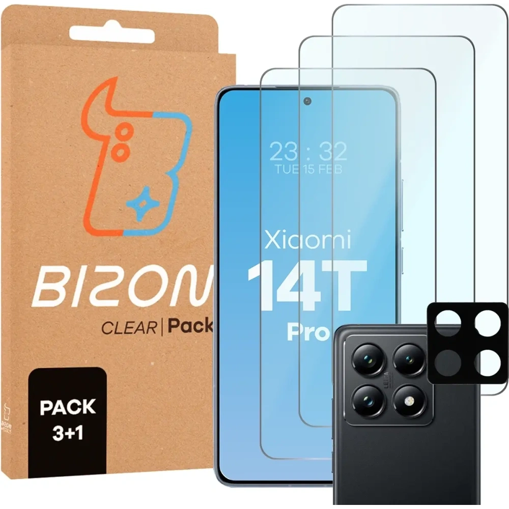 3x szkło na ekran + 1x szkło na aparat Bizon Glass Clear 2 Pack do Xiaomi 14T Pro