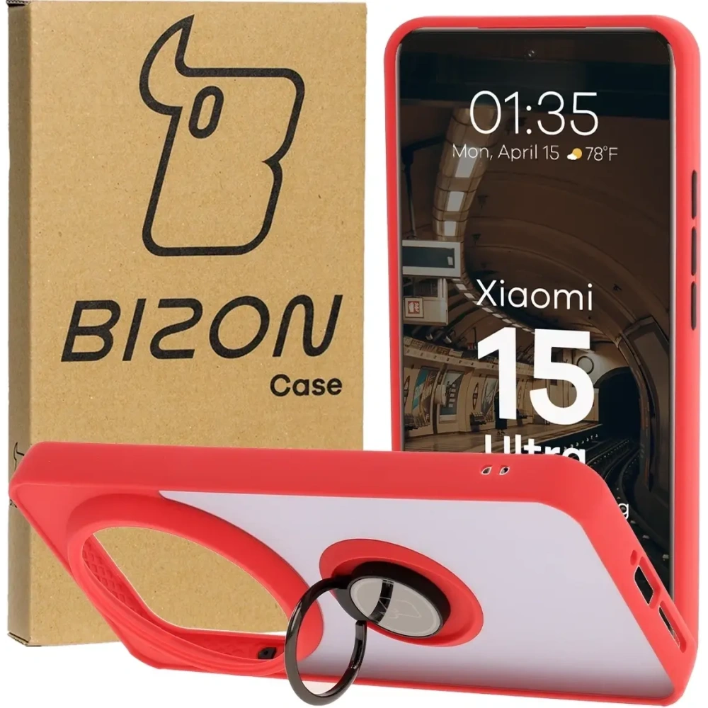 Etui z uchwytem na palec Bizon Case Hybrid Ring do Xiaomi 15 Ultra przydymione z czerwoną ramką
