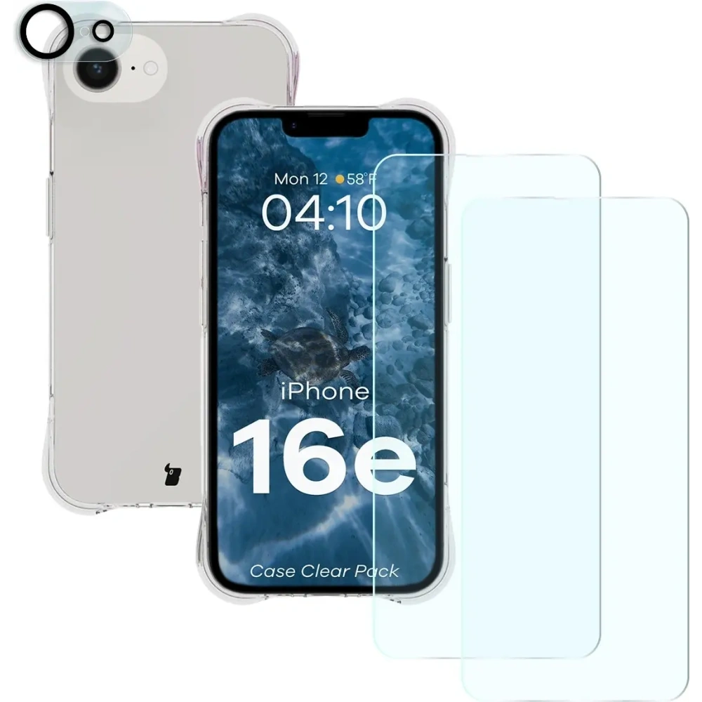Etui + 2x szkło na ekran + 1x szkło na obiektyw Bizon Case Clear Pack do Apple iPhone 16e