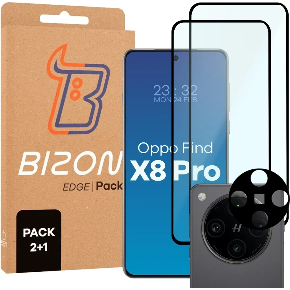 2x szkło na ekran + 1x szkło na aparat Bizon Edge 2 Pack do Oppo Find X8 Pro