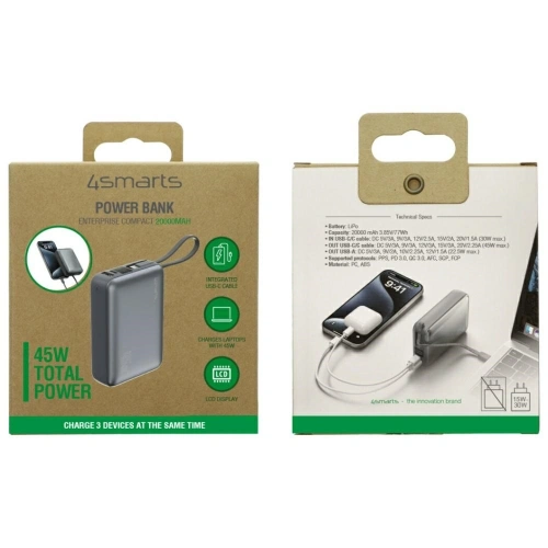 Kup 4smarts Enterprise Compact Power Bank 20000mAh 45W USB-A, 2xUSB-C + cablu USB-C încorporat gri - 4SMR96 - {ean13} - Sklep Home Screen
