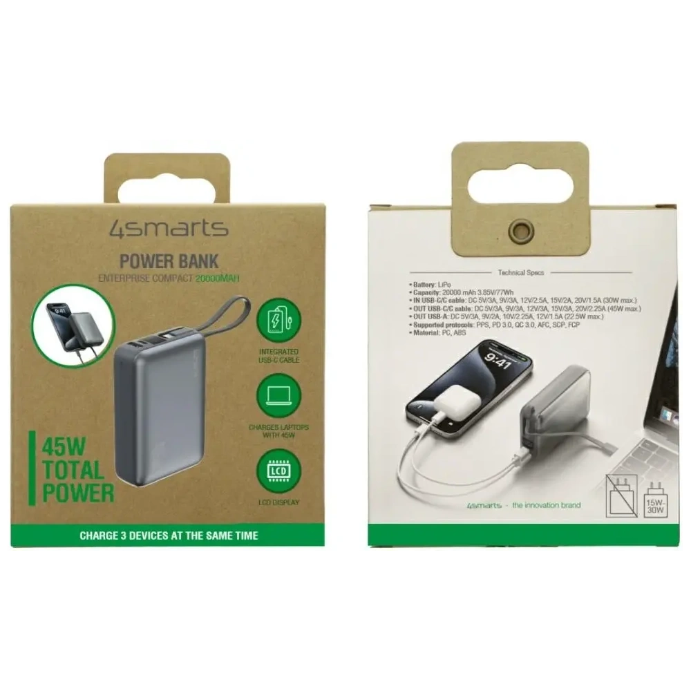 Powerbank 4smarts Enterprise Compact 20000mAh 45W USB-A, 2xUSB-C + wbudowany przewód USB-C szary