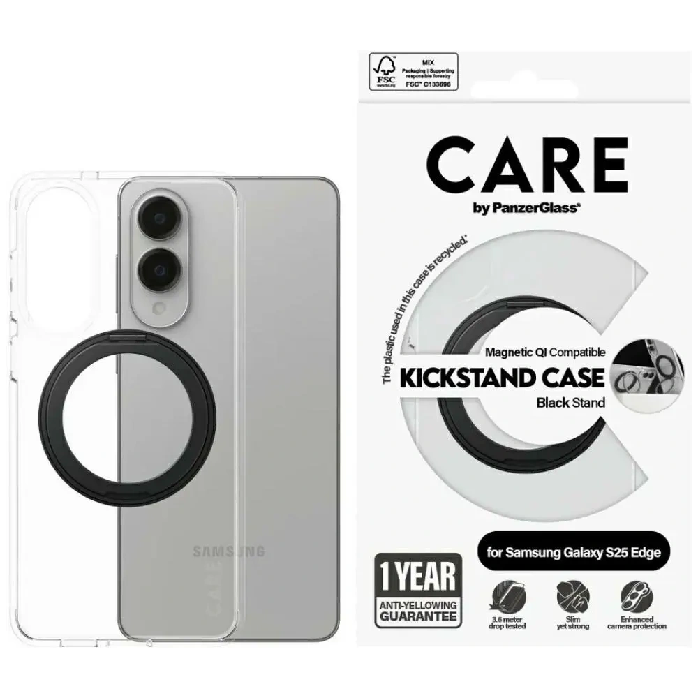 Etui CARE by PanzerGlass Feature Black Kickstand & QI do Samsung Galaxy S25 Edge przezroczysty
