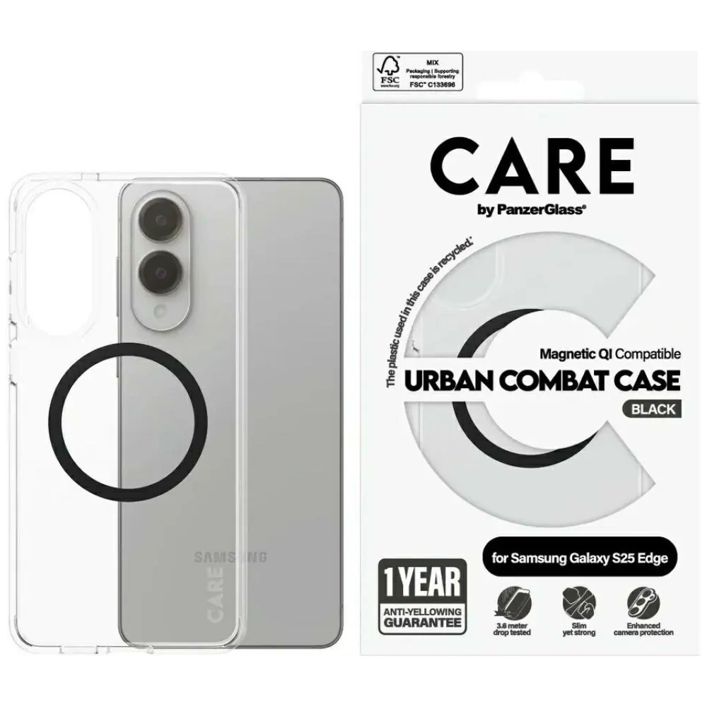 Etui CARE by PanzerGlass Flagship Urban Combat Black QI do Samsung Galaxy S25 Edge przezroczysty