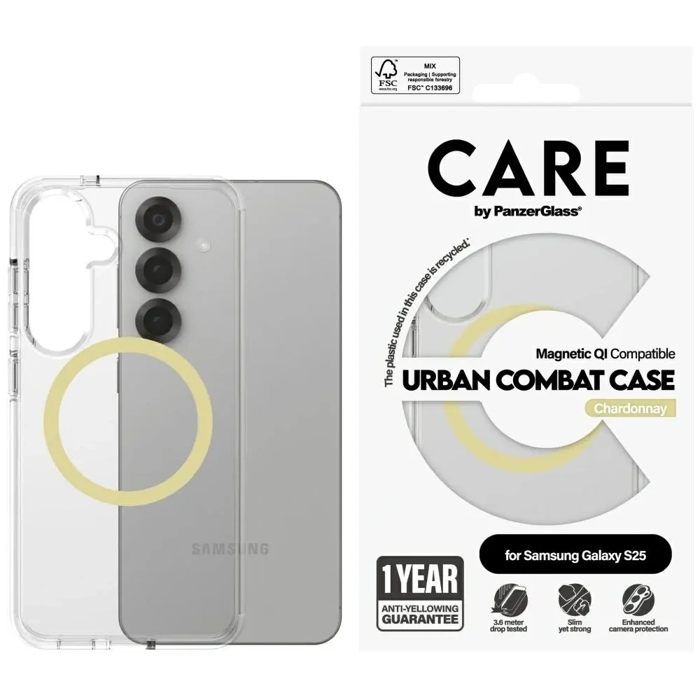 Etui CARE by PanzerGlass Flagship Urban Combat Chardonnay QI do Samsung Galaxy S25 przezroczysty