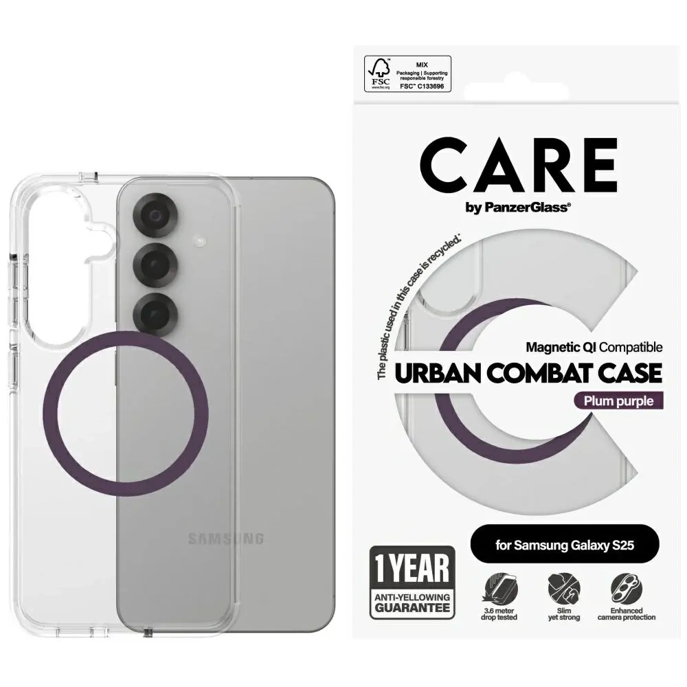Etui CARE by PanzerGlass Flagship Urban Combat Purple QI do Samsung Galaxy S25 przezroczysty