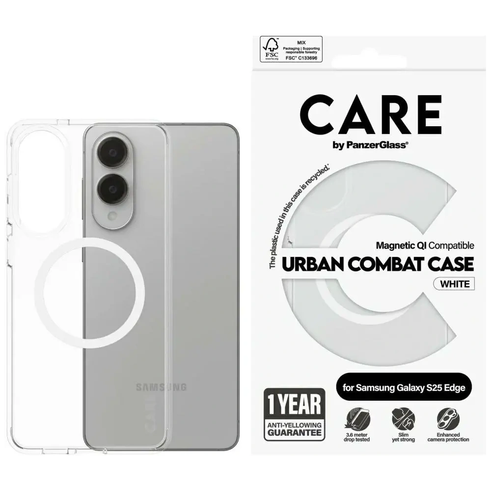Etui CARE by PanzerGlass Flagship Urban Combat White QI do Samsung Galaxy S25 Edge przezroczysty