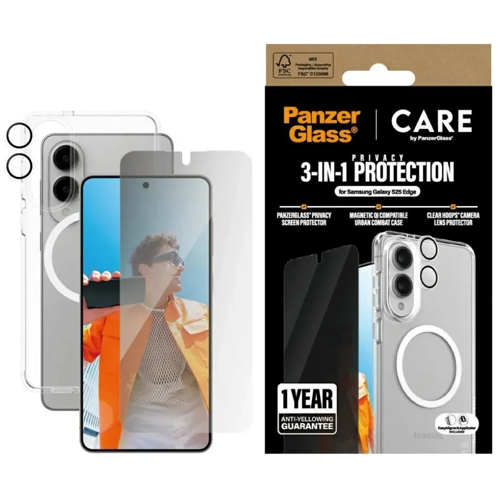 Zestaw ochronny 3w1 etui + szkło prywatyzujące na ekran + szkło na aparat CARE by PanzerGlass Flagship do Samsung Galaxy S25 Edge