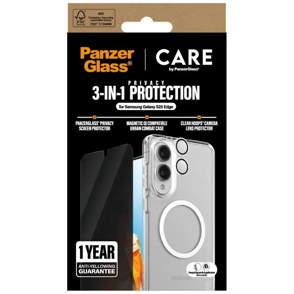 Zestaw ochronny 3w1 etui + szkło prywatyzujące na ekran + szkło na aparat CARE by PanzerGlass Flagship do Samsung Galaxy S25 Edge