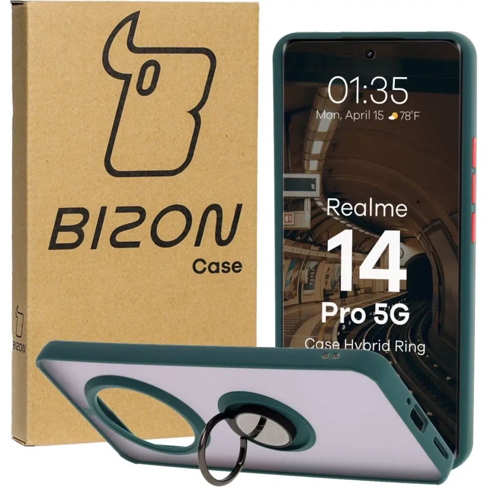 Etui z uchwytem na palec Bizon Case Hybrid Ring do Realme 14 Pro 5G przydymione z ciemnozieloną ramką