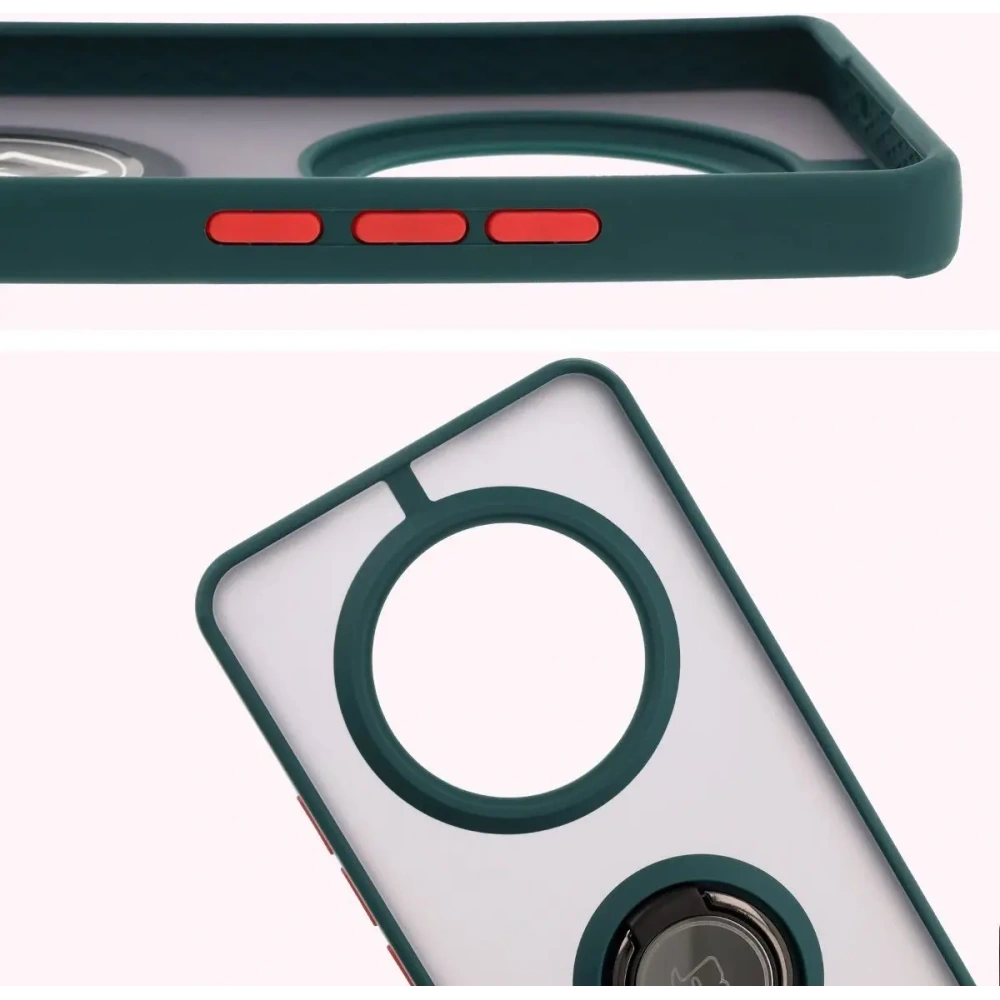 Etui z uchwytem na palec Bizon Case Hybrid Ring do Realme 14 Pro 5G przydymione z ciemnozieloną ramką