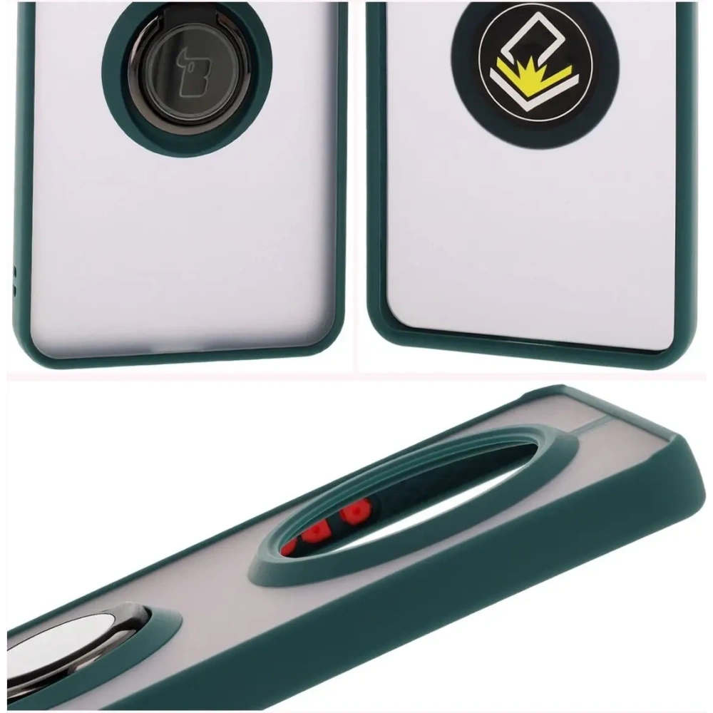 Etui z uchwytem na palec Bizon Case Hybrid Ring do Realme 14 Pro 5G przydymione z ciemnozieloną ramką