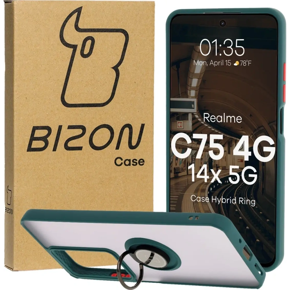Etui z uchwytem na palec Bizon Case Hybrid Ring do Realme C75 4G / 14x 5G przydymione z ciemnozieloną ramką