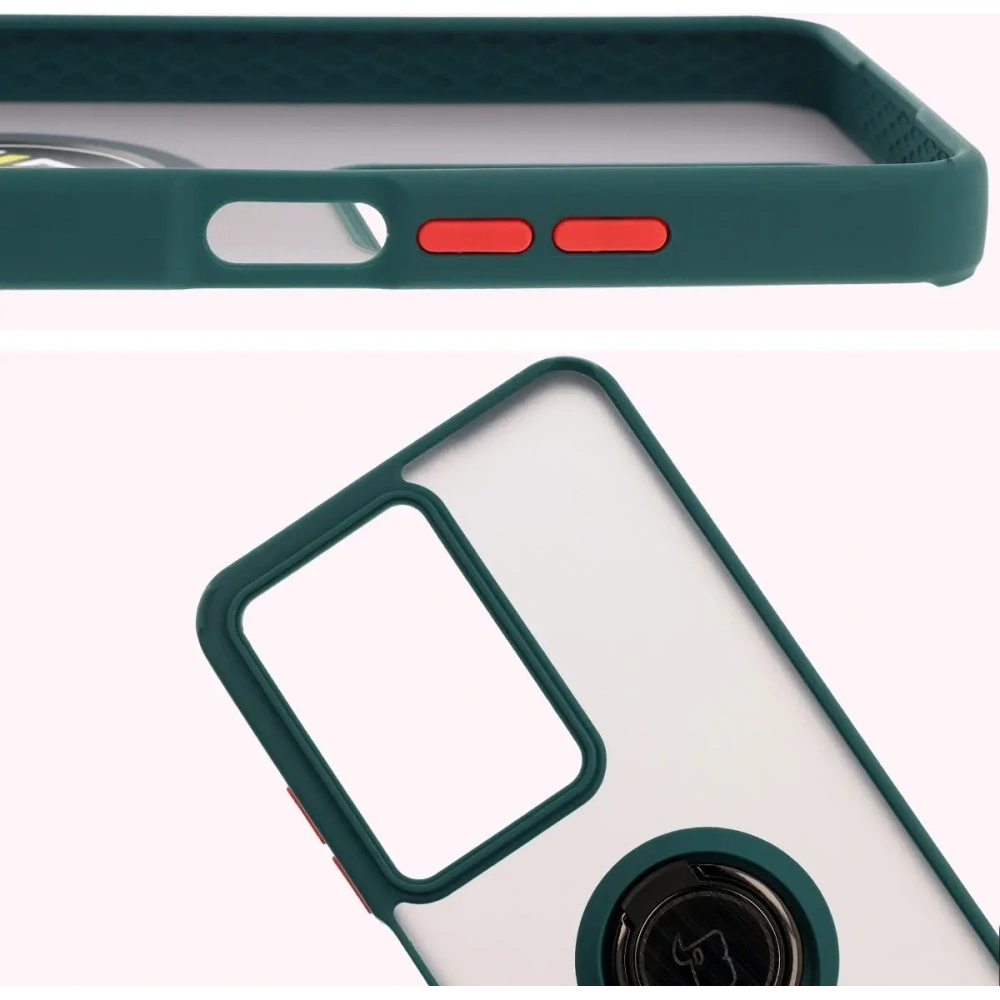 Etui z uchwytem na palec Bizon Case Hybrid Ring do Realme C75 4G / 14x 5G przydymione z ciemnozieloną ramką