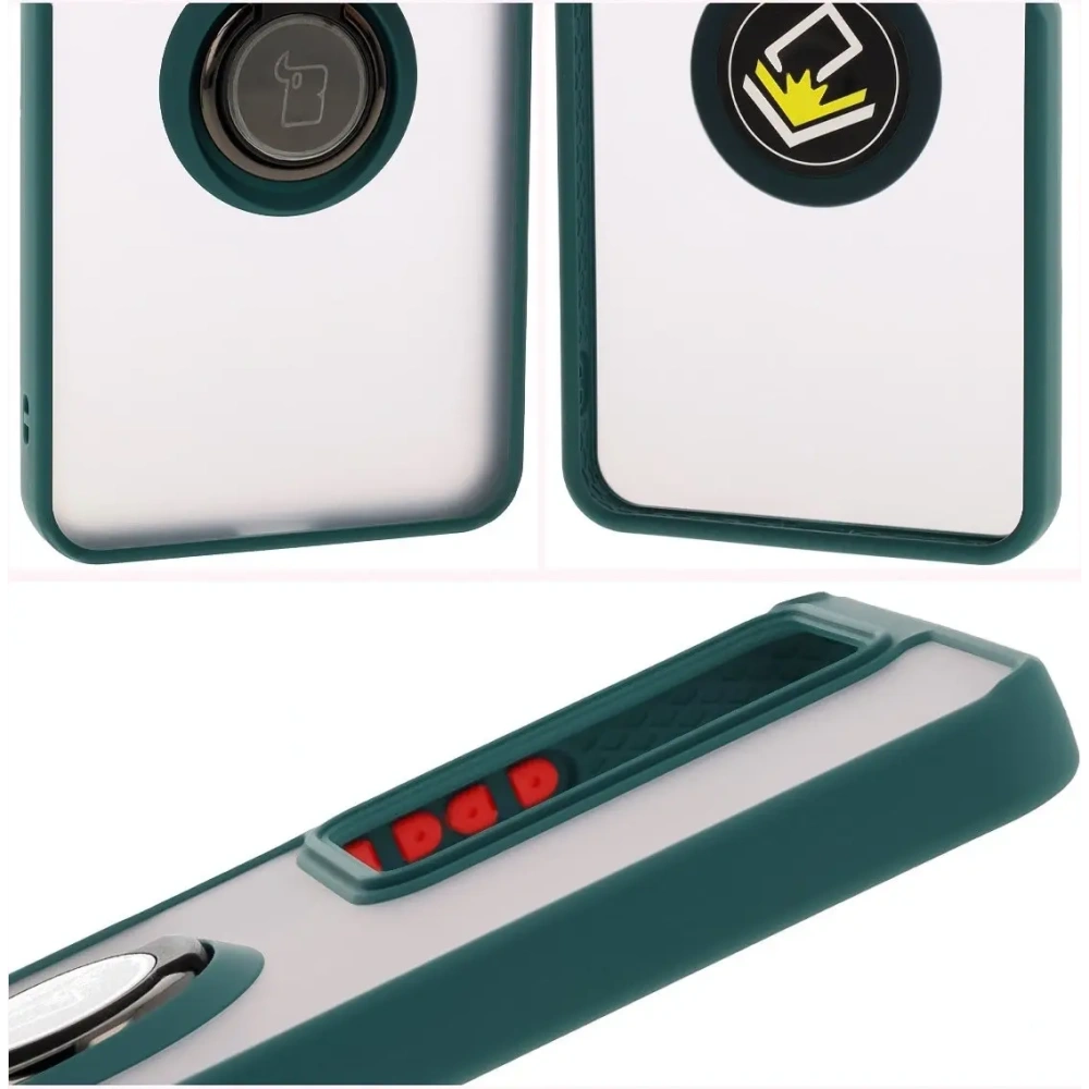 Etui z uchwytem na palec Bizon Case Hybrid Ring do Realme C75 4G / 14x 5G przydymione z ciemnozieloną ramką