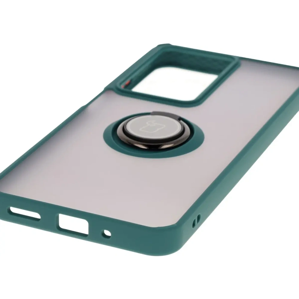 Etui z uchwytem na palec Bizon Case Hybrid Ring do Realme C75 4G / 14x 5G przydymione z ciemnozieloną ramką