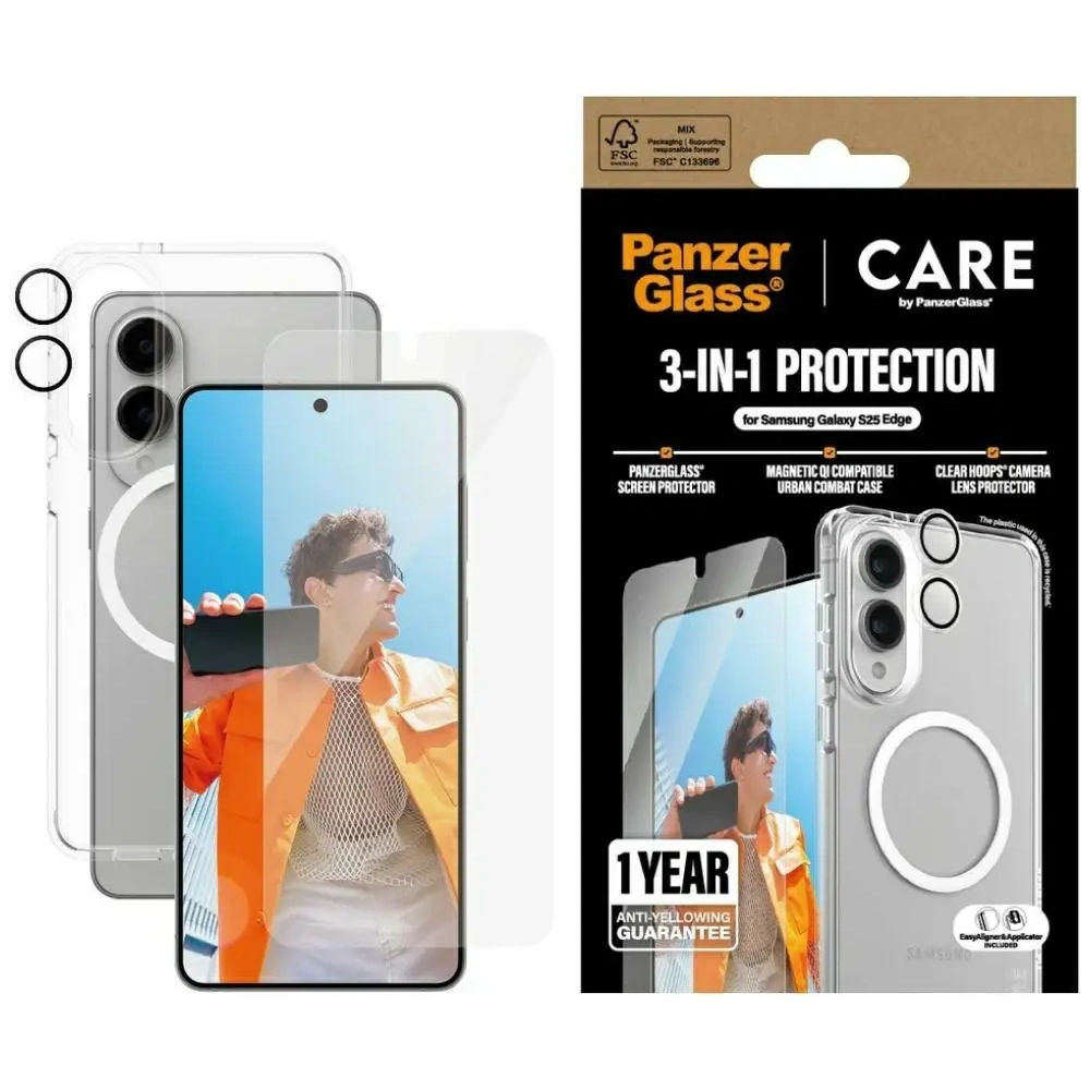 Zestaw ochronny 3w1 etui + szkło prywatyzujące na ekran + szkło na aparat CARE by PanzerGlass Flagship do Samsung Samsung Galaxy S25 Edge
