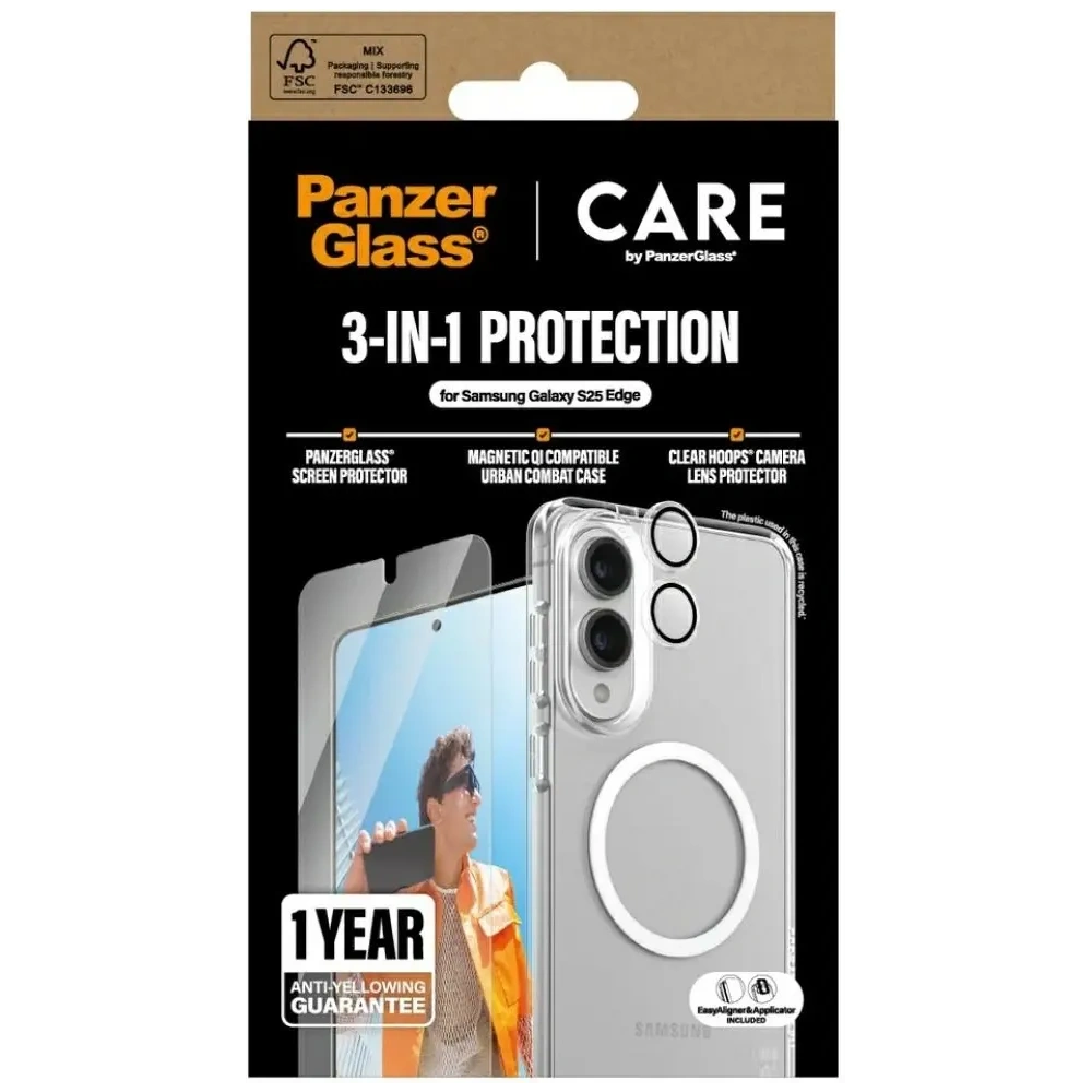 Zestaw ochronny 3w1 etui + szkło prywatyzujące na ekran + szkło na aparat CARE by PanzerGlass Flagship do Samsung Samsung Galaxy S25 Edge