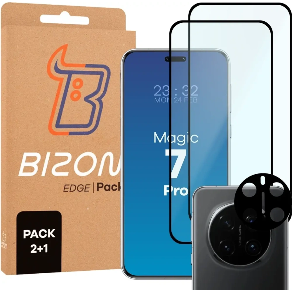 2x szkło na ekran + 1x na aparat Bizon Edge 3D Pack do Honor Magic7 Pro