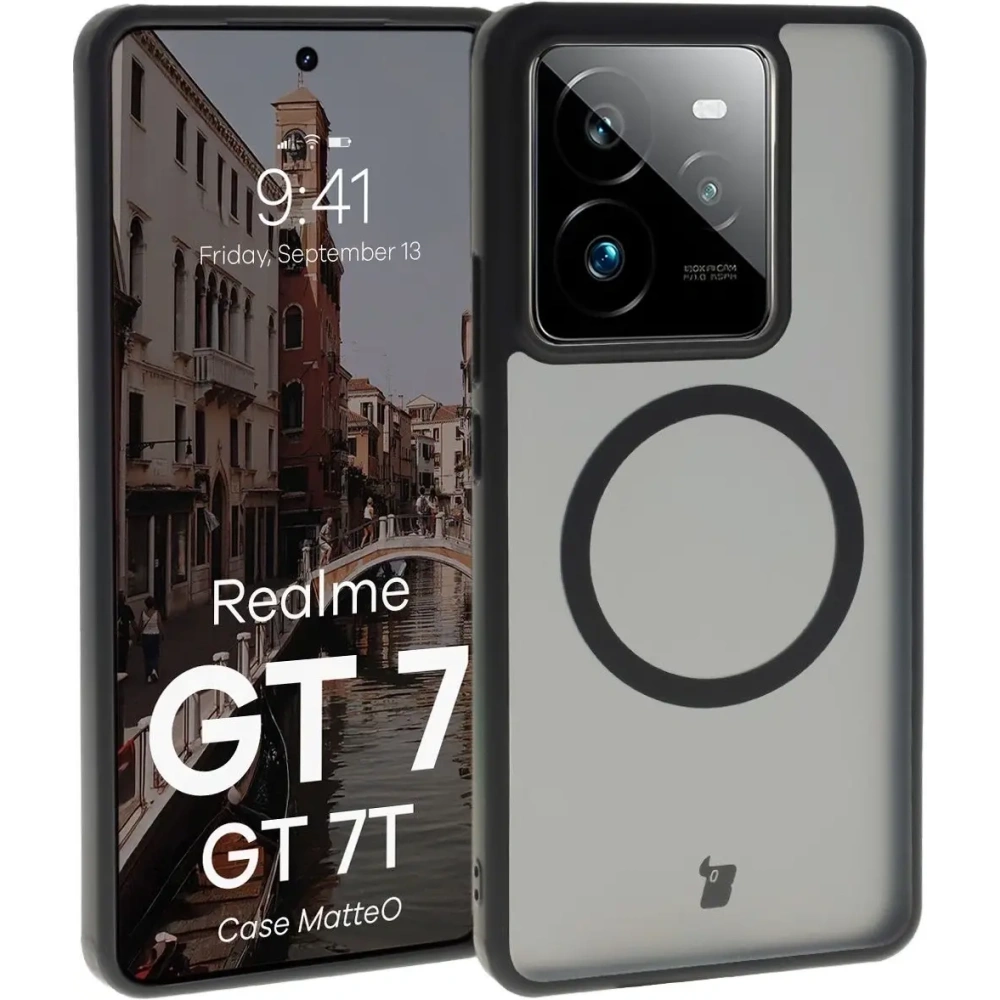 Etui z pierścieniem magnetycznym Bizon Case MatteO do Realme GT 7 / 7T przydymione-czarne