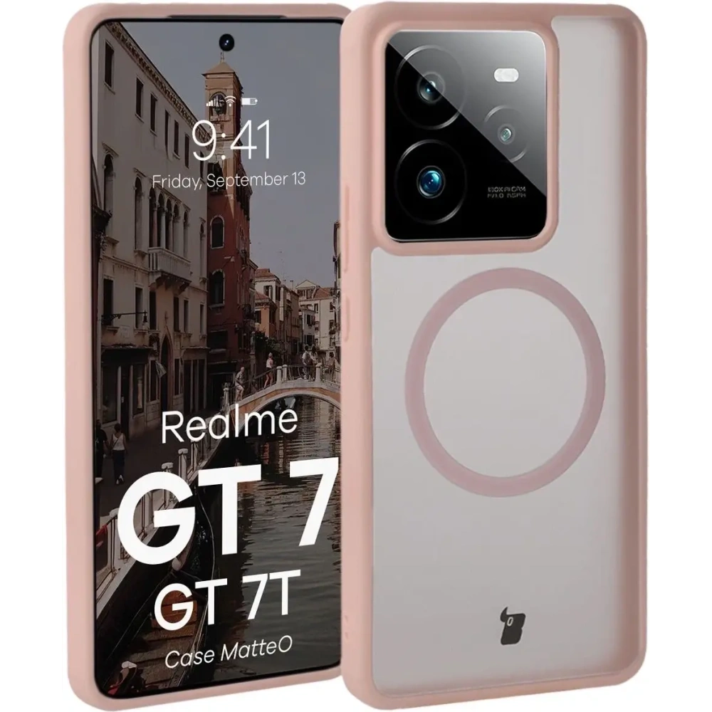 Etui z pierścieniem magnetycznym Bizon Case MatteO do Realme GT 7 / 7T przydymione-różowe