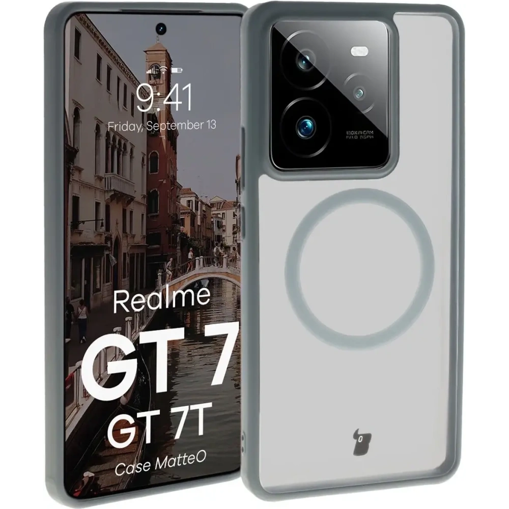 Etui z pierścieniem magnetycznym Bizon Case MatteO do Realme GT 7 / 7T przydymione-szare