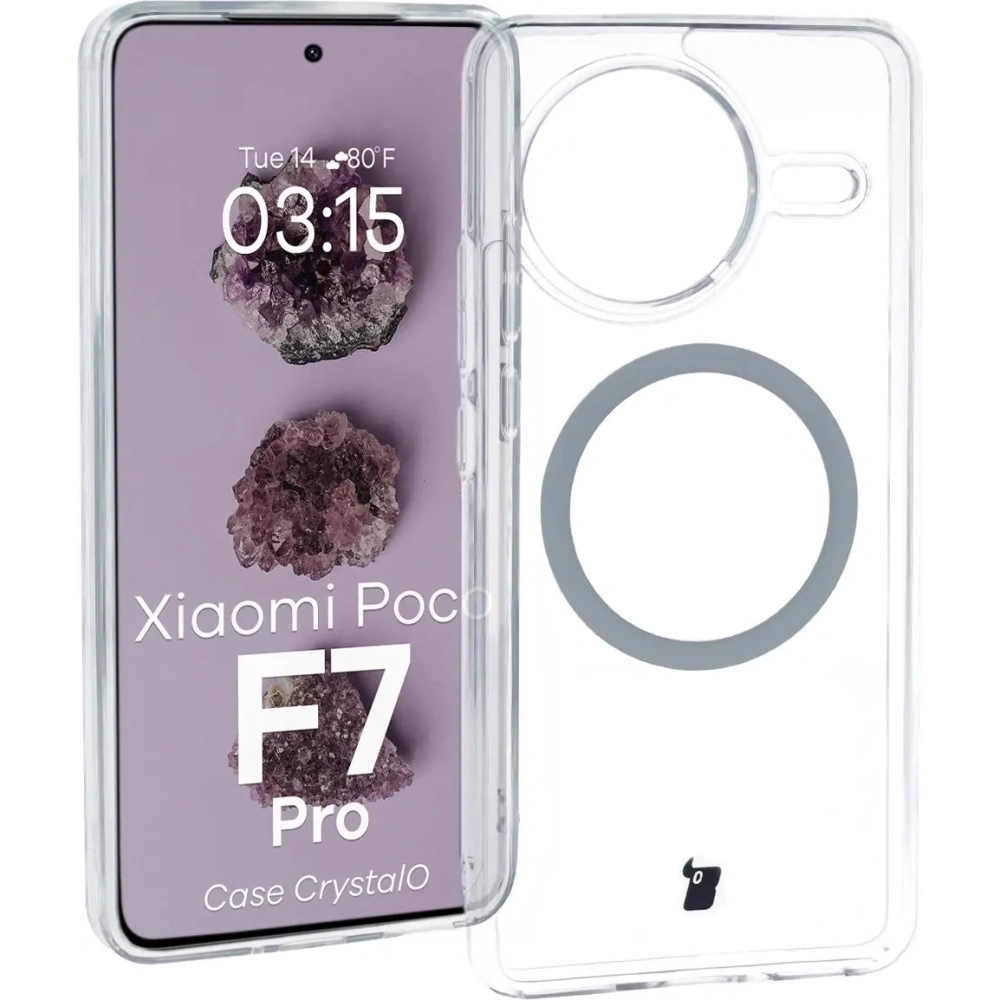 Etui z pierścieniem magnetycznym Bizon Case CrystalO do Xiaomi POCO F7 Pro przezroczyste
