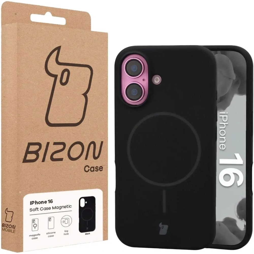 Silikonowe etui z pierścieniem magnetycznym Bizon Soft Case do Apple iPhone 16 czarne