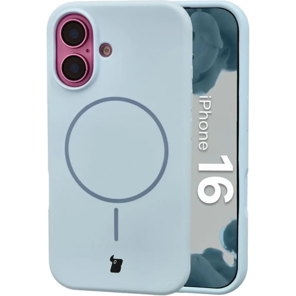 Silikonowe etui z pierścieniem magnetycznym Bizon Soft Case do Apple iPhone 16 błękitne