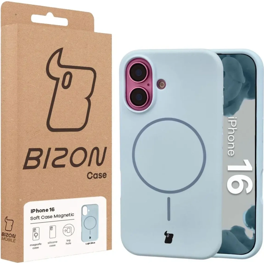 Silikonowe etui z pierścieniem magnetycznym Bizon Soft Case do Apple iPhone 16 błękitne