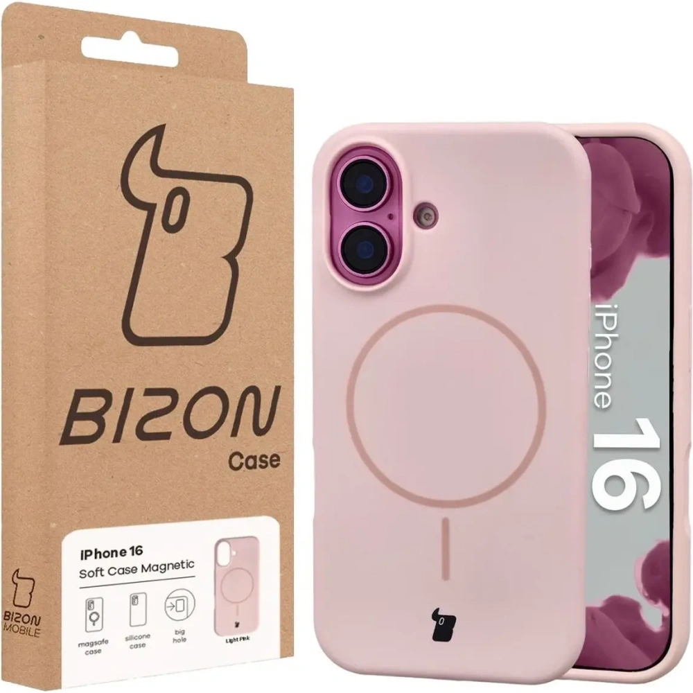 Silikonowe etui z pierścieniem magnetycznym Bizon Soft Case do Apple iPhone 16 jasnoróżowe