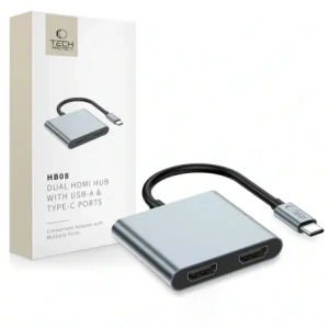 Kup Tech-Protect HB08 HUB 4in1 USB-C, USB-A 2.0, 2xHDMI 4K 60Hz Space Grey - THP4275 - {ean13} - Sklep Home Screen
