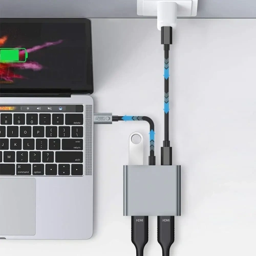 Kup Tech-Protect HB08 HUB 4in1 USB-C, USB-A 2.0, 2xHDMI 4K 60Hz Space Grey - THP4275 - {ean13} - Sklep Home Screen