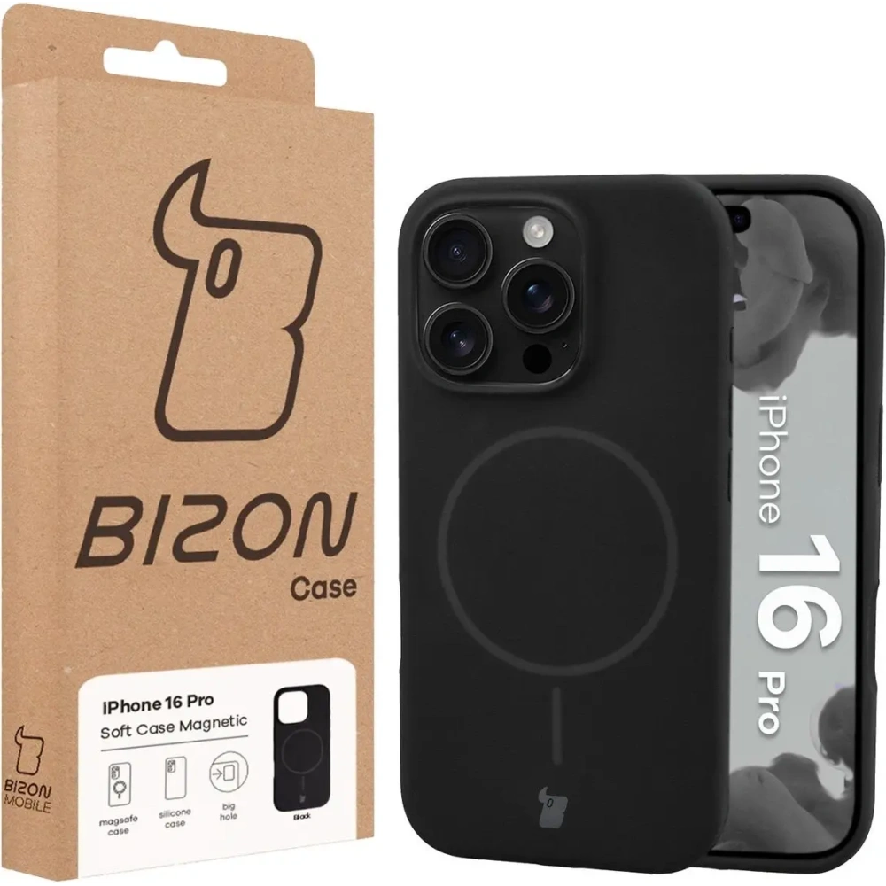 Silikonowe etui z pierścieniem magnetycznym Bizon Soft Case Magnetic do Apple iPhone 16 Pro czarne