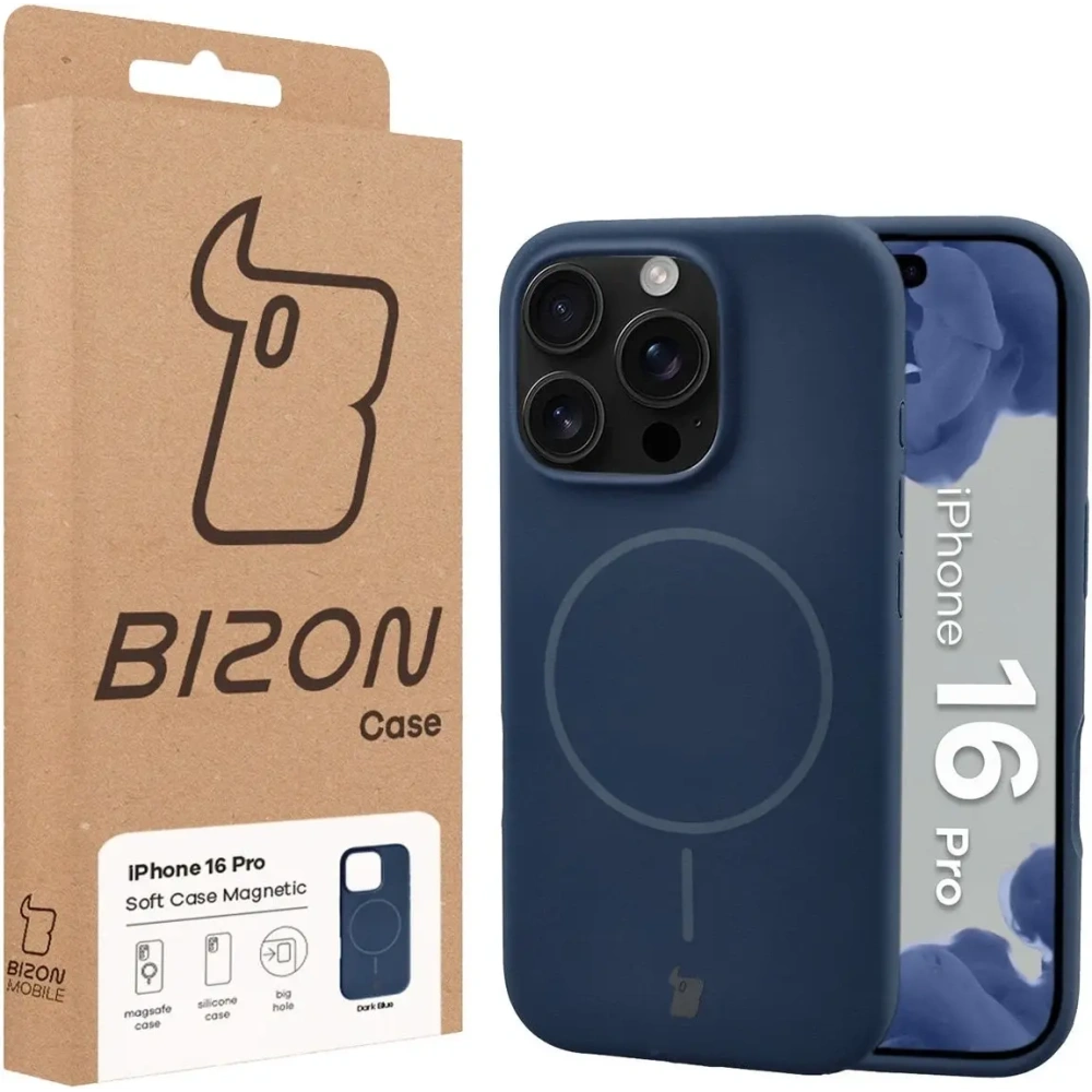 Silikonowe etui z pierścieniem magnetycznym Bizon Soft Case Magnetic do Apple iPhone 16 Pro granatowe