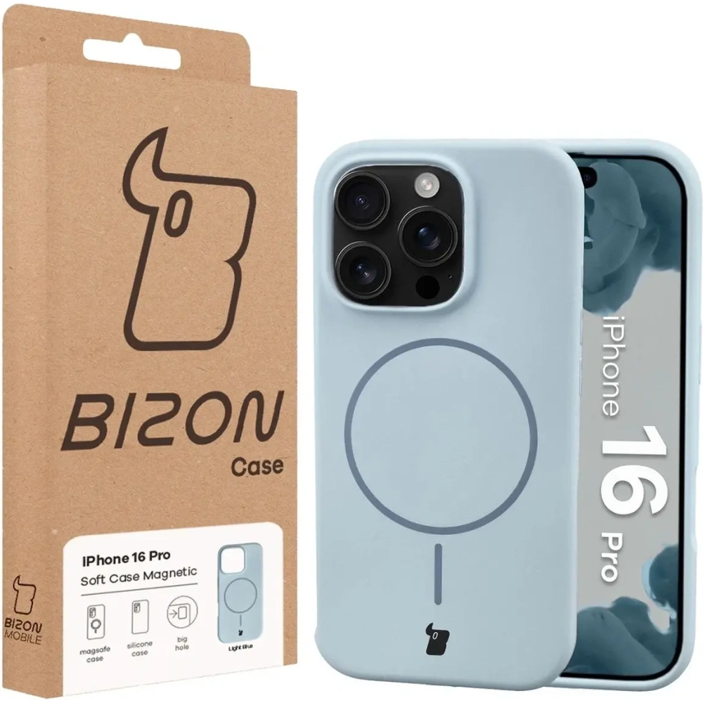 Silikonowe etui z pierścieniem magnetycznym Bizon Soft Case Magnetic do Apple iPhone 16 Pro błękitne