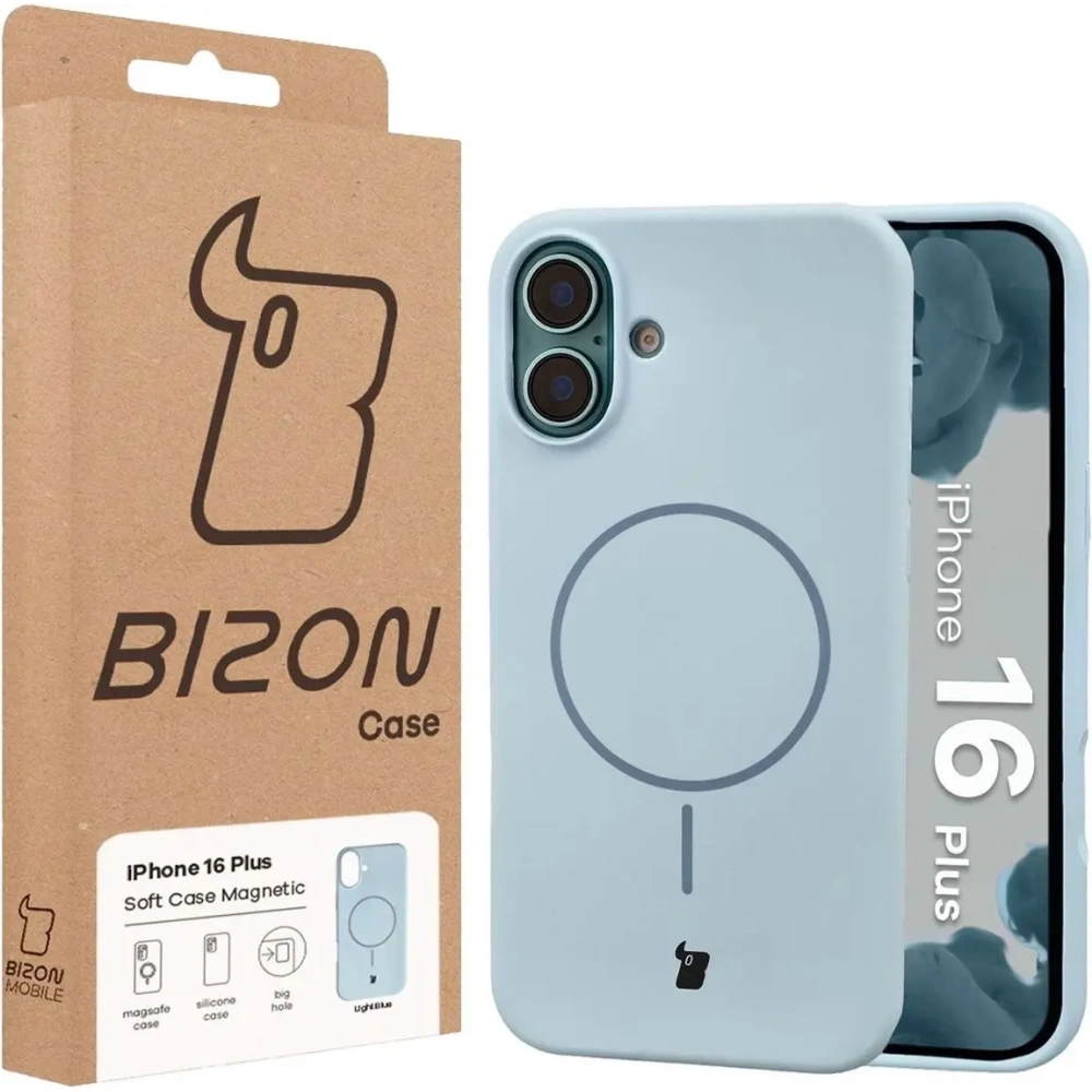 Silikonowe etui z pierścieniem magnetycznym Bizon Soft Case Magnetic do Apple iPhone 16 Plus błękitne