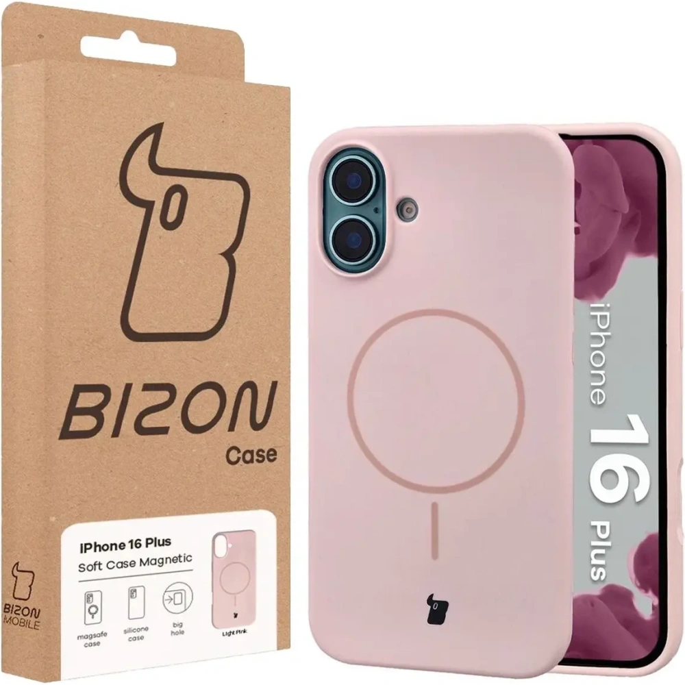 Silikonowe etui z pierścieniem magnetycznym Bizon Soft Case Magnetic do Apple iPhone 16 Plus jasnoróżowe