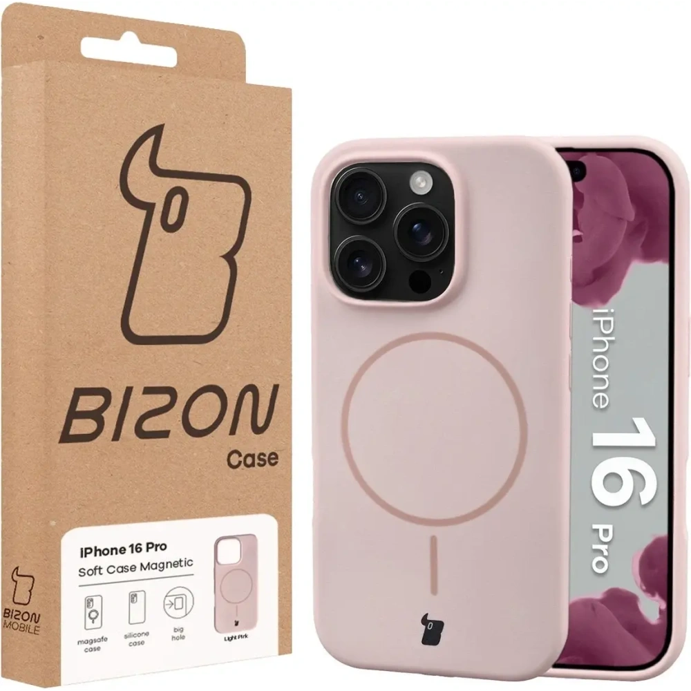Silikonowe etui z pierścieniem magnetycznym Bizon Soft Case Magnetic do Apple iPhone 16 Pro jasnoróżowe