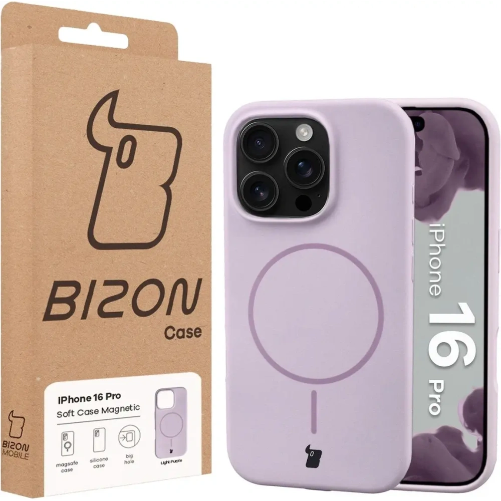 Silikonowe etui z pierścieniem magnetycznym Bizon Soft Case Magnetic do Apple iPhone 16 Pro jasnofioletowe