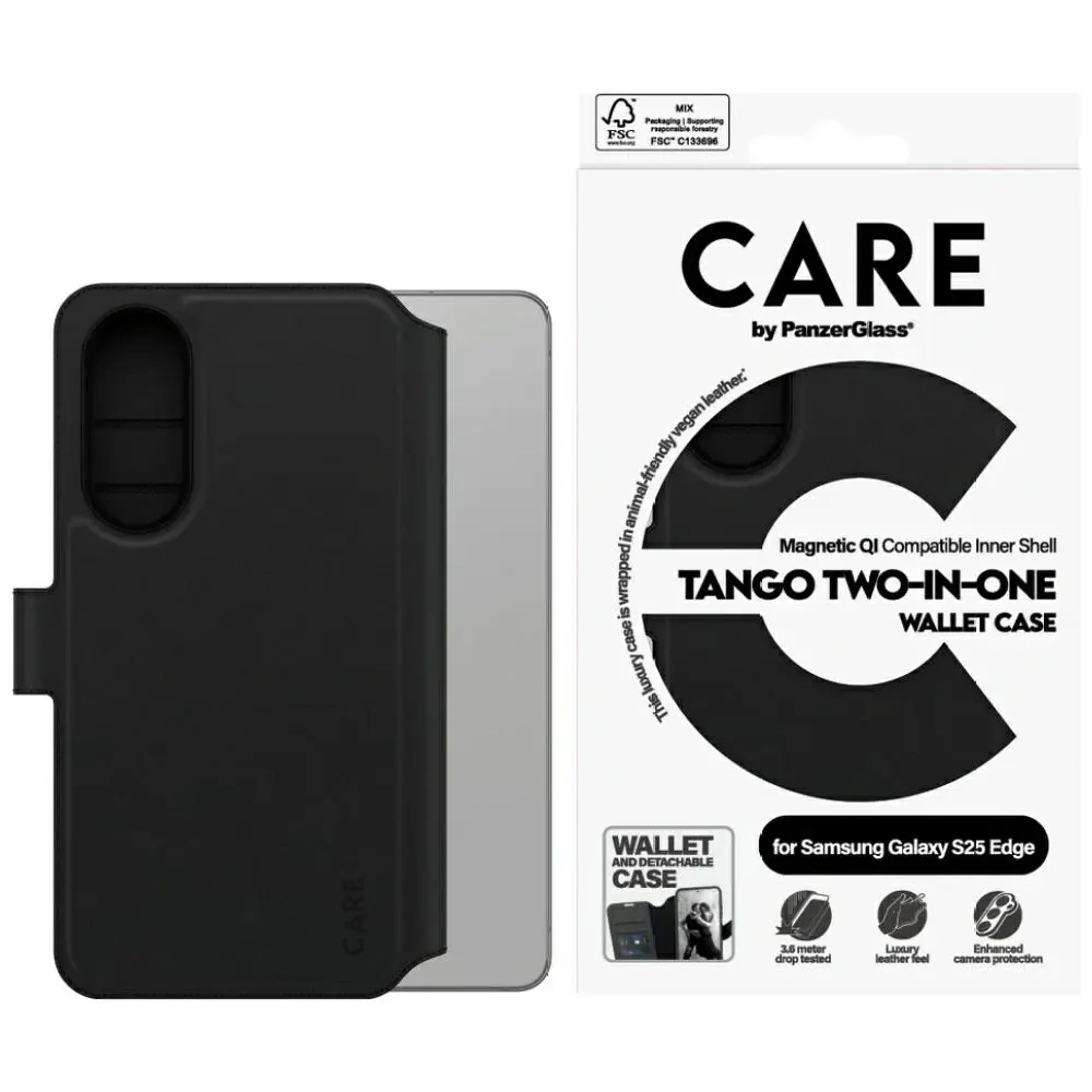 Etui z klapka CARE by PanzerGlass Feature Tango 2w1 Wallet Qi do Samsung Galaxy S25 Edge czarny
