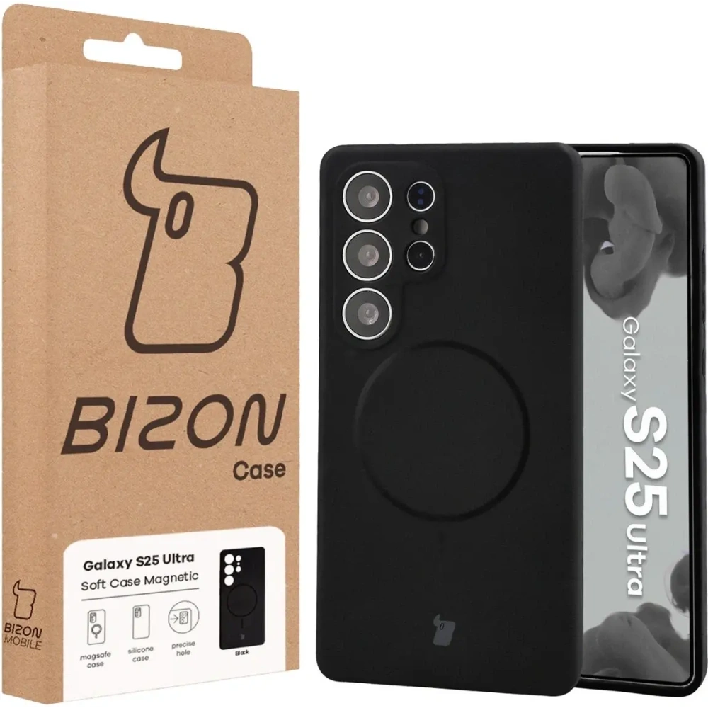 Silikonowe etui z pierścieniem magnetycznym Bizon Soft Case Magnetic do Samsung Galaxy S25 Ultra czarne