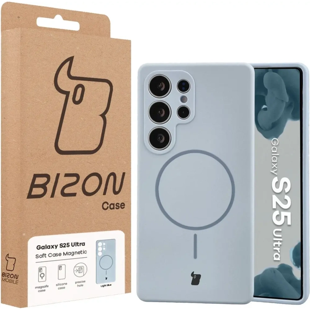 Silikonowe etui z pierścieniem magnetycznym Bizon Soft Case Magnetic do Samsung Galaxy S25 Ultra błękitne