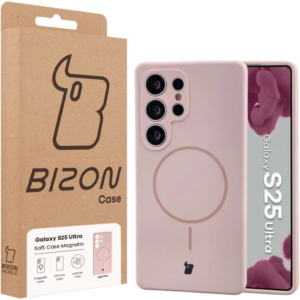 Silikonowe etui z pierścieniem magnetycznym Bizon Soft Case Magnetic do Samsung Galaxy S25 Ultra jasnoróżowe