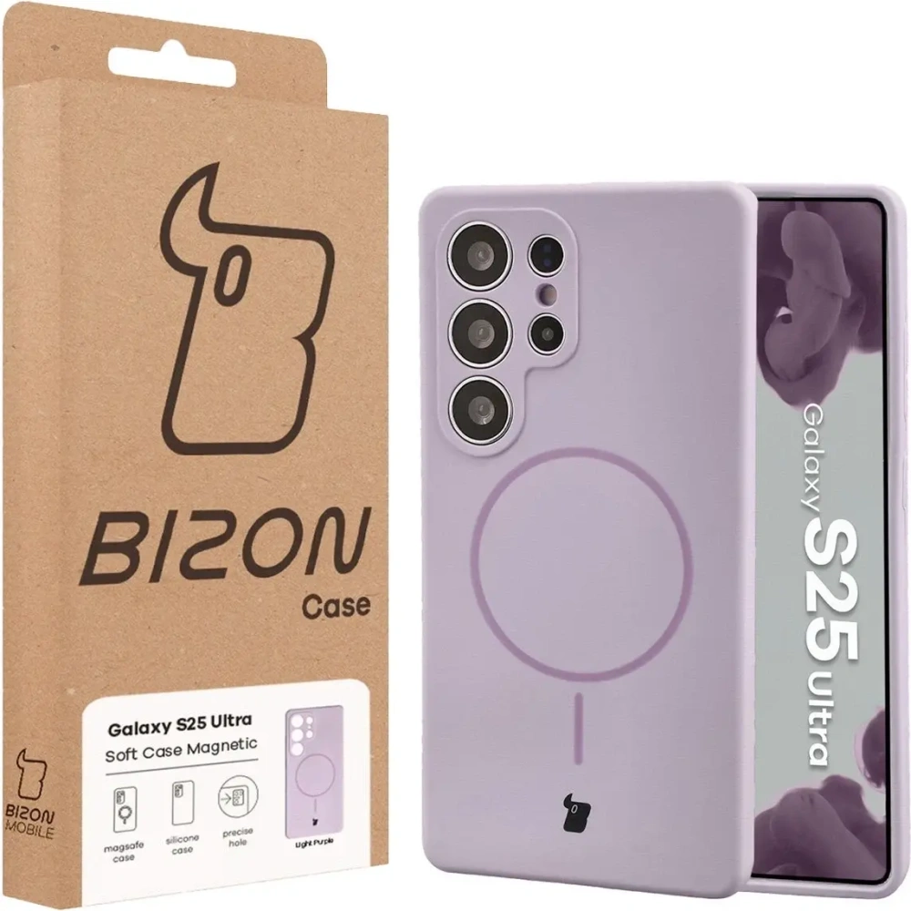 Silikonowe etui z pierścieniem magnetycznym Bizon Soft Case Magnetic do Samsung Galaxy S25 Ultra jasnofioletowe