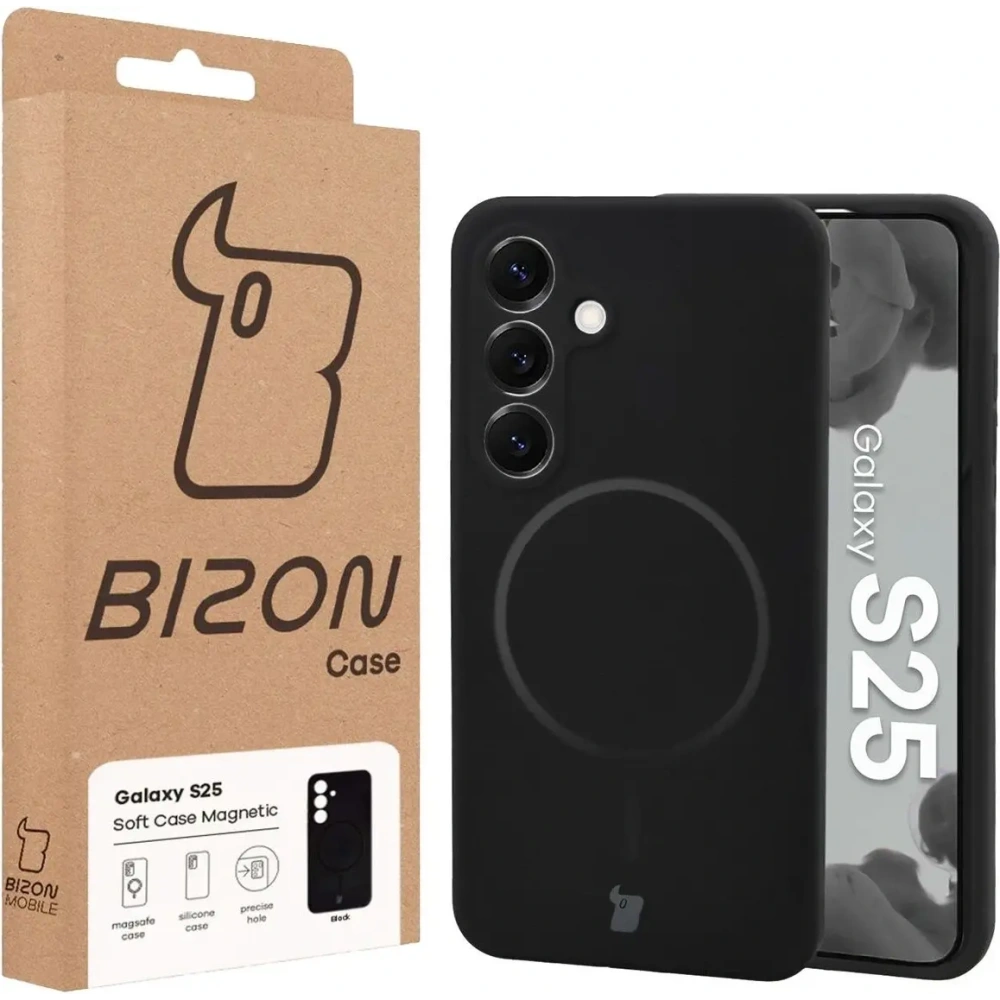 Silikonowe etui z pierścieniem magnetycznym Bizon Soft Case Magnetic do Samsung Galaxy S25 czarne