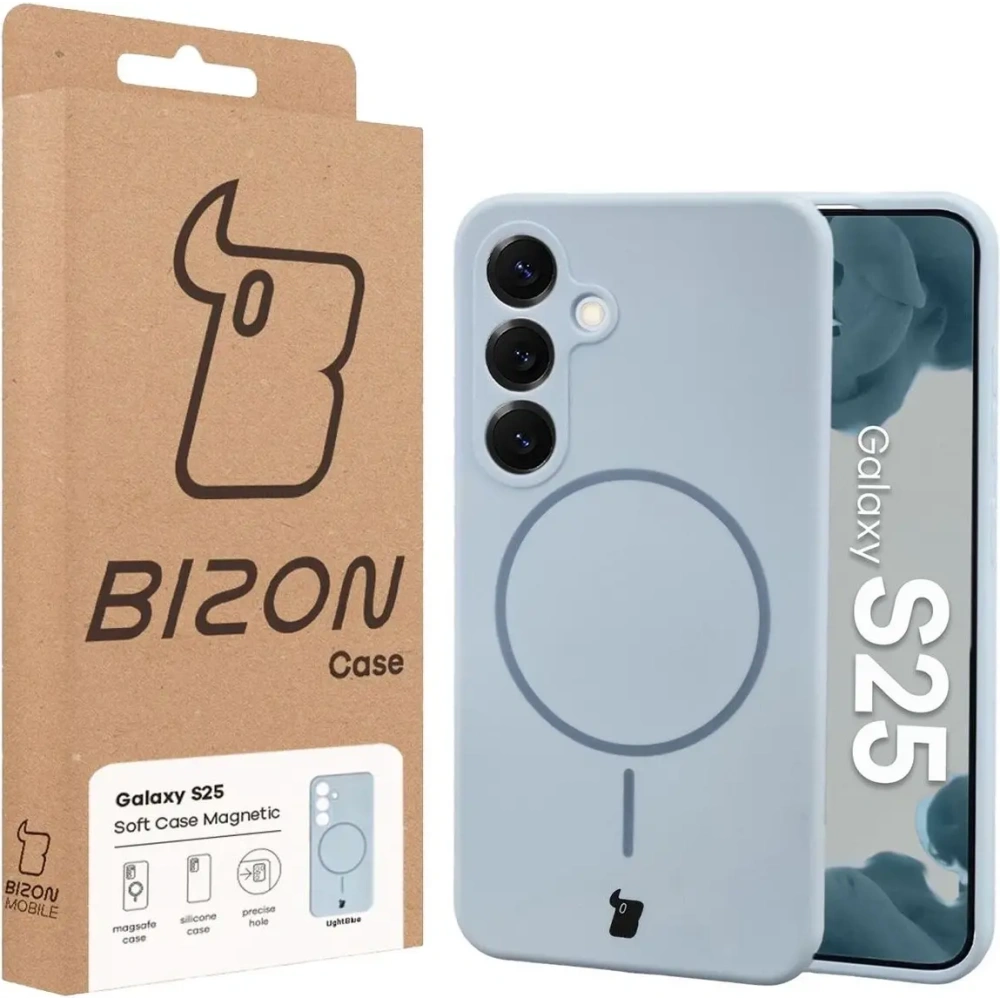 Silikonowe etui z pierścieniem magnetycznym Bizon Soft Case Magnetic do Samsung Galaxy S25 błękitne